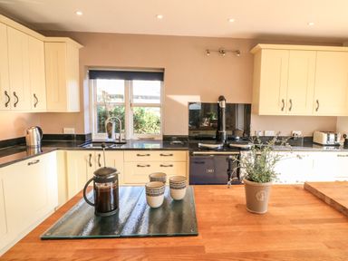 A kitchen with cream cabinets coffee maker cups and a plant on wooden countertop at Victoria Lodge in Kingsbridge