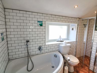 A bathroom with a bathtub shower toilet and window at Victoria Lodge Kingsbridge