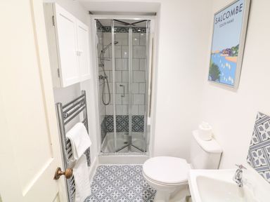 A bathroom with a shower cubicle toilet sink towel rack and a framed picture at Victoria Lodge in Kingsbridge