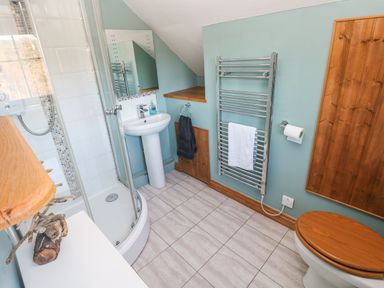 A bathroom with a shower, sink, towel rail, and toilet with wooden seat at Nant Moel Isaf Farm in Rhydyfro near Pontardawe