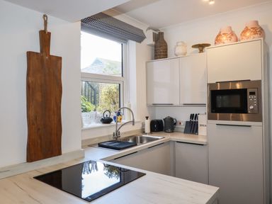 A modern kitchen with a wooden cutting board hanging on the wall a stovetop sink with a faucet countertop appliances and cabinets at Melvill Lower Deck in Falmouth