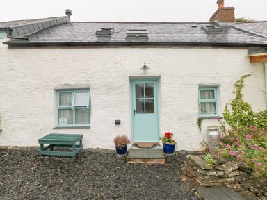 Exterior of a white cottage with a light blue door and windows surrounded by gravel and potted plants at Y Beudy in Crosswell Eglwyswrw near Newport Pembrokeshire