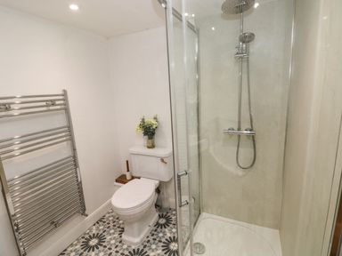 A bathroom with a toilet a glass shower enclosure a towel radiator and flowers on the toilet cistern at Y Beudy in Crosswell Eglwyswrw near Newport Pembrokeshire