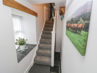 A narrow hallway with carpeted stairs a window ledge with a vase of flowers and a wall painting of cows on grass at Y Beudy in Crosswell Eglwyswrw near Newport Pembrokeshire