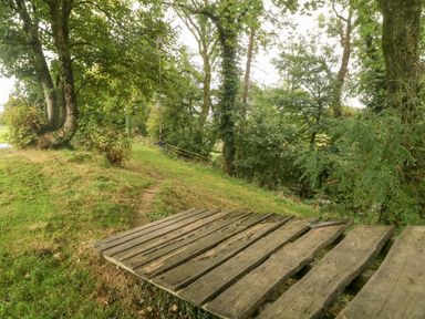 An outdoor area with trees grass a wooden platform and a rope swing at Y Beudy in Crosswell Eglwyswrw near Newport Pembrokeshire