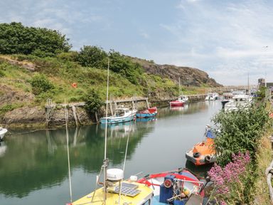 Boats docked along a narrow water canal with greenery and rocky hills on the left and flowers on the right at Monarfon in Amlwch