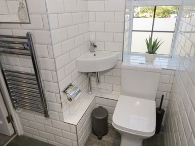 A bathroom with a toilet sink a small plant on the window sill and a towel rail at Monarfon in Amlwch
