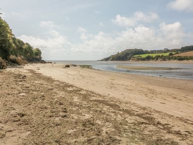 A sandy beach with seaweed next to a river estuary with green hills and trees in the background at 3 Rock Cottages in Kingston