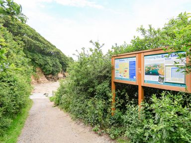 A dirt pathway leading to a rocky shore with information boards on the right and dense greenery on both sides at 3 Rock Cottages in Kingston