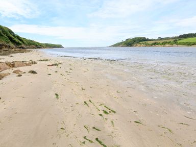 A sandy beach with scattered seaweed and rocky areas by water with green hills in the background at 3 Rock Cottages in Kingston