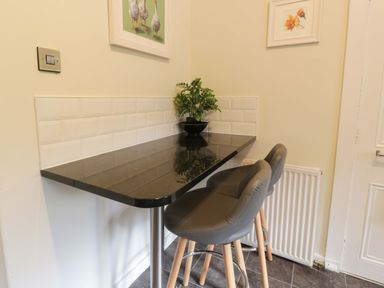 A corner with a black countertop, two gray chairs with wooden legs, and plant in a black pot on the counter at East Lodge - Crathes Castle near Banchory