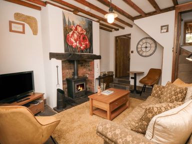 A living room with a wood-burning stove paintings television and seating at Ascot Cottage in Sheriff Hutton near Strensall