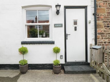 A white front door with a black frame next to a window with two potted plants in front at Ascot Cottage in Sheriff Hutton near Strensall