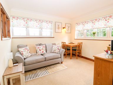 A sitting room with a gray sofa decorative cushions wooden table and chairs under windows at Hunters Lodge in Great Moulton near Long Stratton