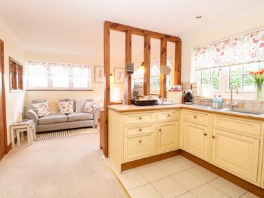 A kitchen with cream cabinets and a sink next to a living area with a gray sofa and floral cushions at Hunters Lodge in Great Moulton near Long Stratton