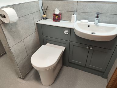 A bathroom with a white toilet and sink with grey cabinets and a wall-mounted toilet paper holder at Hunters Lodge in Great Moulton near Long Stratton