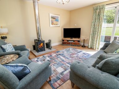 A living room with a wood stove and television at Ardlochan Lodge - Culzean Castle in Maybole