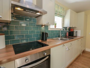 A kitchen with a countertop, sink, kettle, and microwave at Ardlochan Lodge - Culzean Castle in Maybole