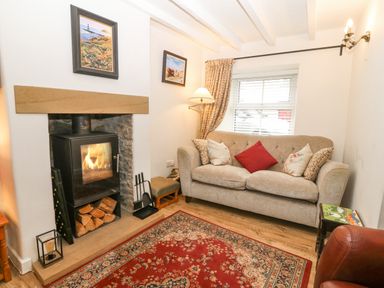 A living room with a wood stove fireplace a three seat sofa with cushions a floor lamp and a patterned rug at Angorfa in Beaumaris
