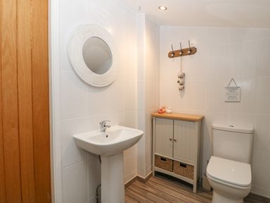 A bathroom with a pedestal sink mirror small cabinet and toilet at Angorfa in Beaumaris