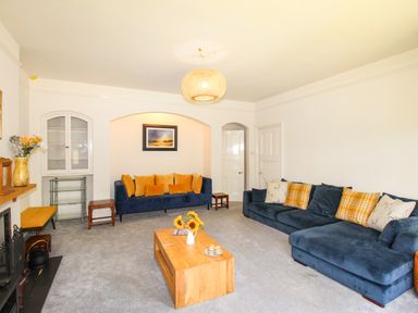 A living room with two blue sofas with yellow cushions a wooden coffee table and a fireplace at Deer Leap House in Moreton