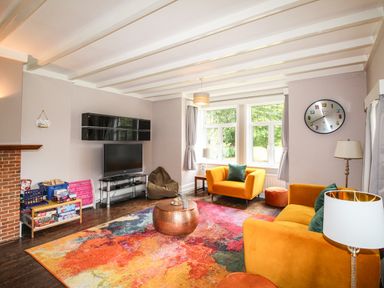 A living room with orange sofas a colorful rug and a TV at Deer Leap House in Moreton