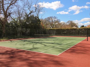 An outdoor tennis court with green playing surface and red surrounding area with trees and blue sky in the background at Deer Leap House in Moreton