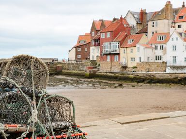 A coastal scene with lobster traps on a dock and houses with orange roofs in the background at Hazeldene in Sleights