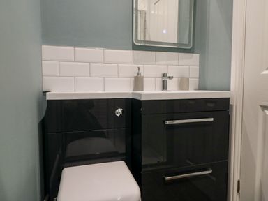 A bathroom with a toilet and a sink cabinet with a mirror above at Hazeldene in Sleights