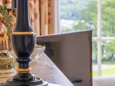 A table with a decorative figurine and a black lamp in front of a window showing greenery outside at Silverholme in Graythwaite near Hawkshead