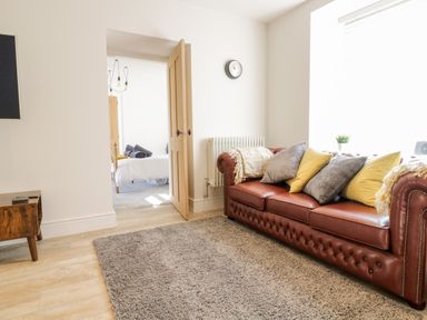 A living room with a brown leather sofa with cushions and a grey rug on the floor at Cooper's Rest (Gorffwysfa Coopers) in Dolwyddelan