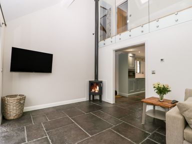 A living room with a wall mounted tv a small wood burning stove a wicker basket and a side table with flowers at Willow Barn in Shapwick
