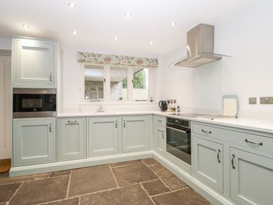A kitchen with pale green cabinets a window a microwave oven stove and a stainless steel hood at Willow Barn in Shapwick