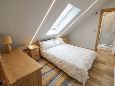 A bedroom with a bed under a skylight window and wooden furniture at Hallgarth Farm Holiday Lodge in Peopleton