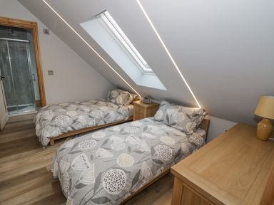 A bedroom with two single beds under a skylight and a wooden dresser with a lamp at Hallgarth Farm Holiday Lodge in Peopleton