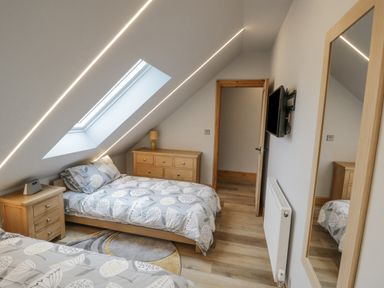 A bedroom with two beds under a skylight window a wooden dresser a nightstand a wall-mounted TV and a full-length mirror at Hallgarth Farm Holiday Lodge in Peopleton