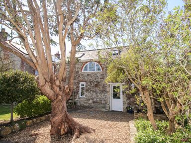 A stone house with a white door and arched window surrounded by trees and bushes at Little Brook in Nottington near Weymouth