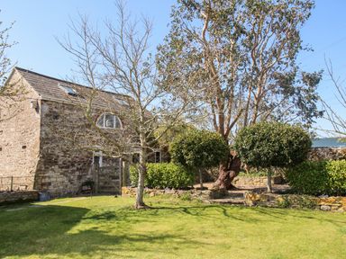 A garden with trees and shrubs in front of a stone building at Little Brook in Nottington near Weymouth