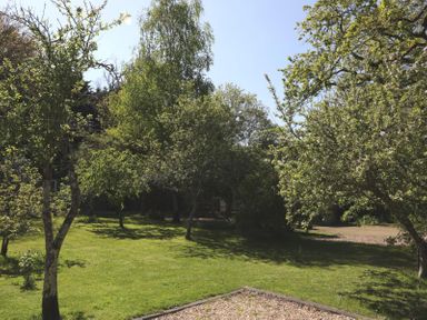 A garden with trees and grass at Orchard Lodge Bolney