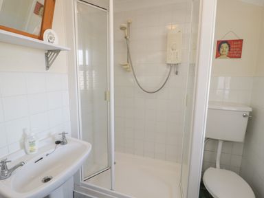 A bathroom with a shower enclosure a toilet and a sink with hand soap at The Nook in Benllech