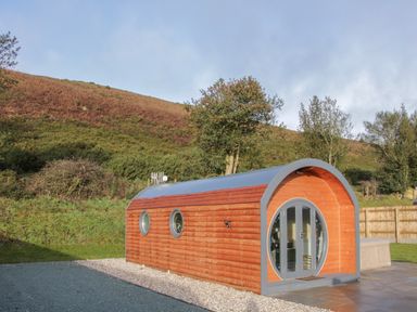 A wooden pod with rounded roof and circular windows in a grassy outdoor area at Stapeley Pod in White Grit near Chirbury