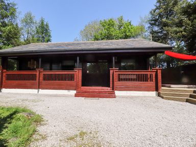 A wooden cabin with a covered porch and steps in front of a gravel area surrounded by trees at Gisburn Forest Lodge Tosside near Wigglesworth
