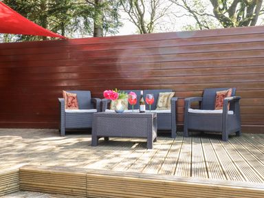 An outdoor seating area with dark wicker chairs and table on a wooden deck with red cushions at Gisburn Forest Lodge Tosside near Wigglesworth