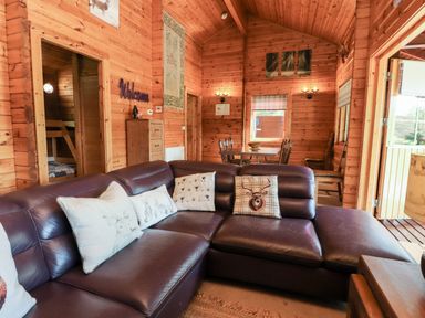 A wooden cabin interior with a brown leather sofa with cushions a dining table and chairs and an open door leading outside at Gisburn Forest Lodge Tosside near Wigglesworth