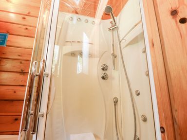 A shower cabin with a handheld showerhead and multiple body jets in a wooden-paneled bathroom at Gisburn Forest Lodge Tosside near Wigglesworth