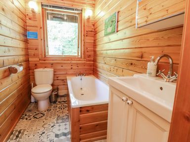 A bathroom with wooden walls a toilet a bathtub a sink and patterned floor tiles at Gisburn Forest Lodge Tosside near Wigglesworth