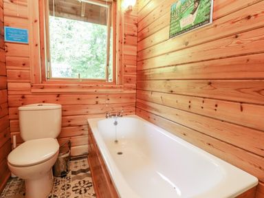 A bathroom with a toilet and bathtub with wooden paneled walls and a window showing trees at Gisburn Forest Lodge Tosside near Wigglesworth