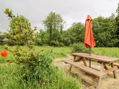 An outdoor wooden picnic table with an orange folded umbrella in a grassy garden with trees at Bluebell Cottage in Pembridge