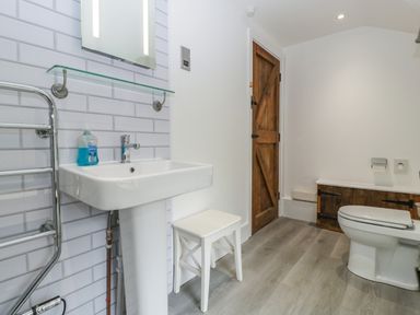 A bathroom with a sink and stool next to a wooden door and toilet at Bluebell Cottage in Pembridge