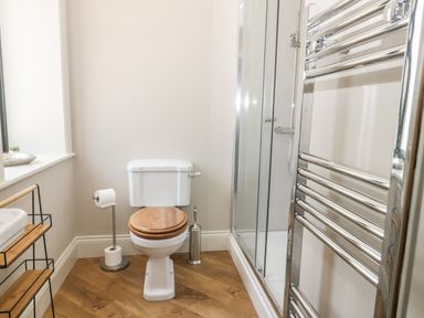A bathroom with a toilet a shower unit a heated towel rail and a small shelving unit at Pheasant's Roost in Lelley near Burton Pidsea